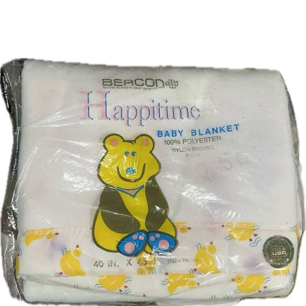 Vintage Beacon Happitime Baby Blanket 40x45". USA Made  Duck Printed Satin Trim